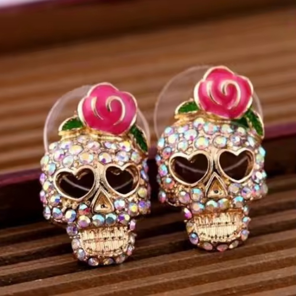 Halloween Skeleton Gold Crystal Earrings - Picture 3 of 13